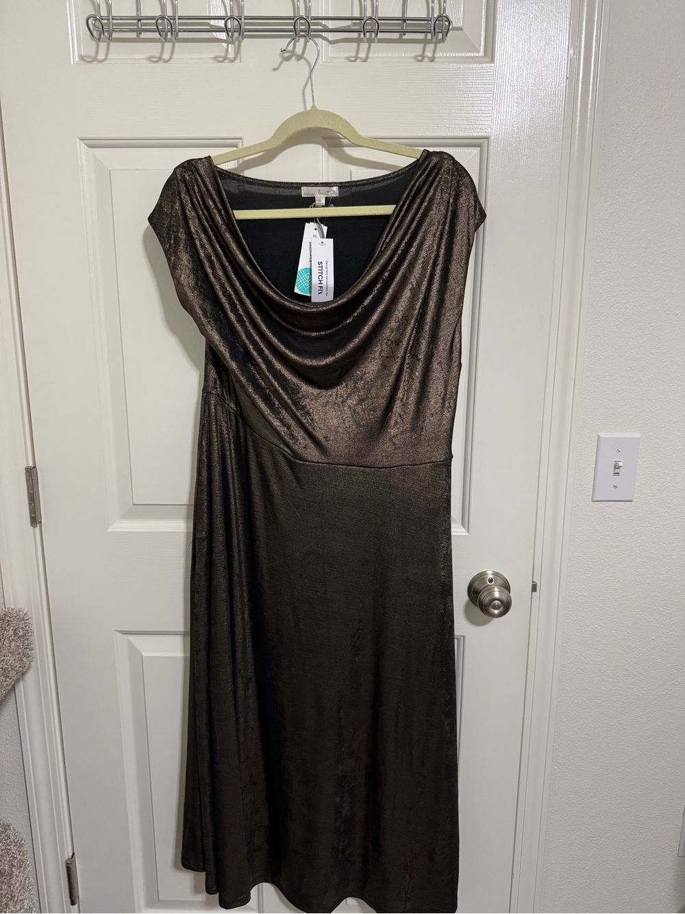 nine britton Olive Metallic Cowl Neck Midi Dress